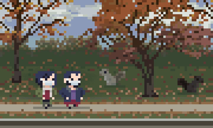 Ilustración en pixel-art de Salva y Bea caminando por un paisaje mientras pasan las estaciones.