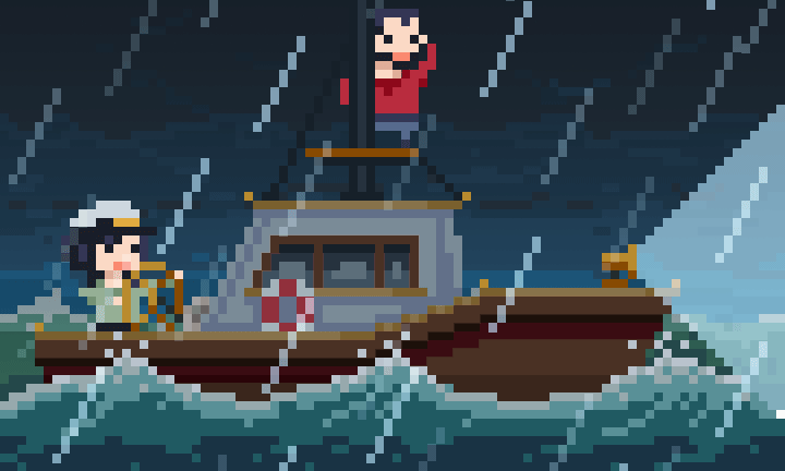 Ilustración en pixel-art de Bea y Salva, en un barco, durante una tormenta. Bea dirige el timón y Salva otea el horizonte.